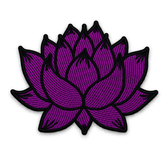 A purple embroidered lotus flower patch with black stitched outlines, shown on a plain white background.