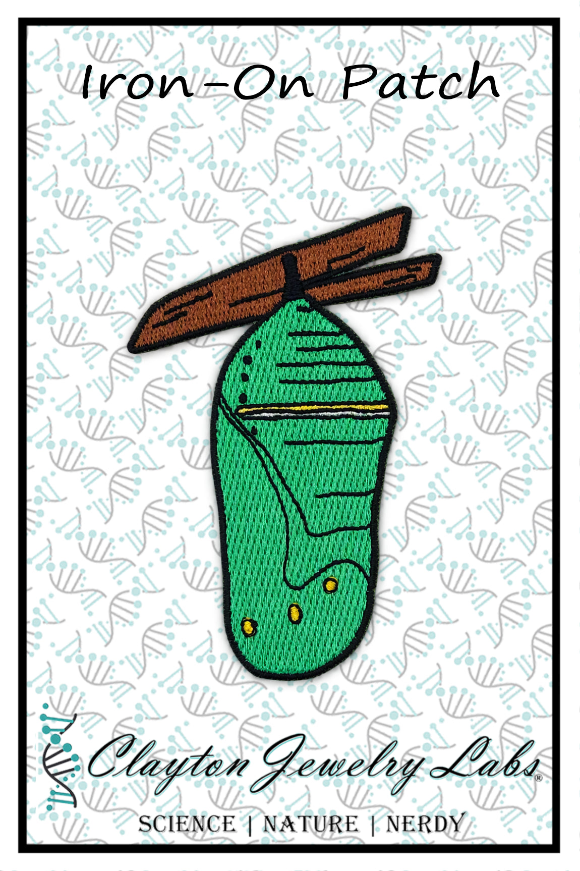 An embroidered iron-on patch featuring a green chrysalis and small yellow accents, displayed on a white patterned background with the text 'Iron-On Patch' and 'Clayton Jewelry Labs'.