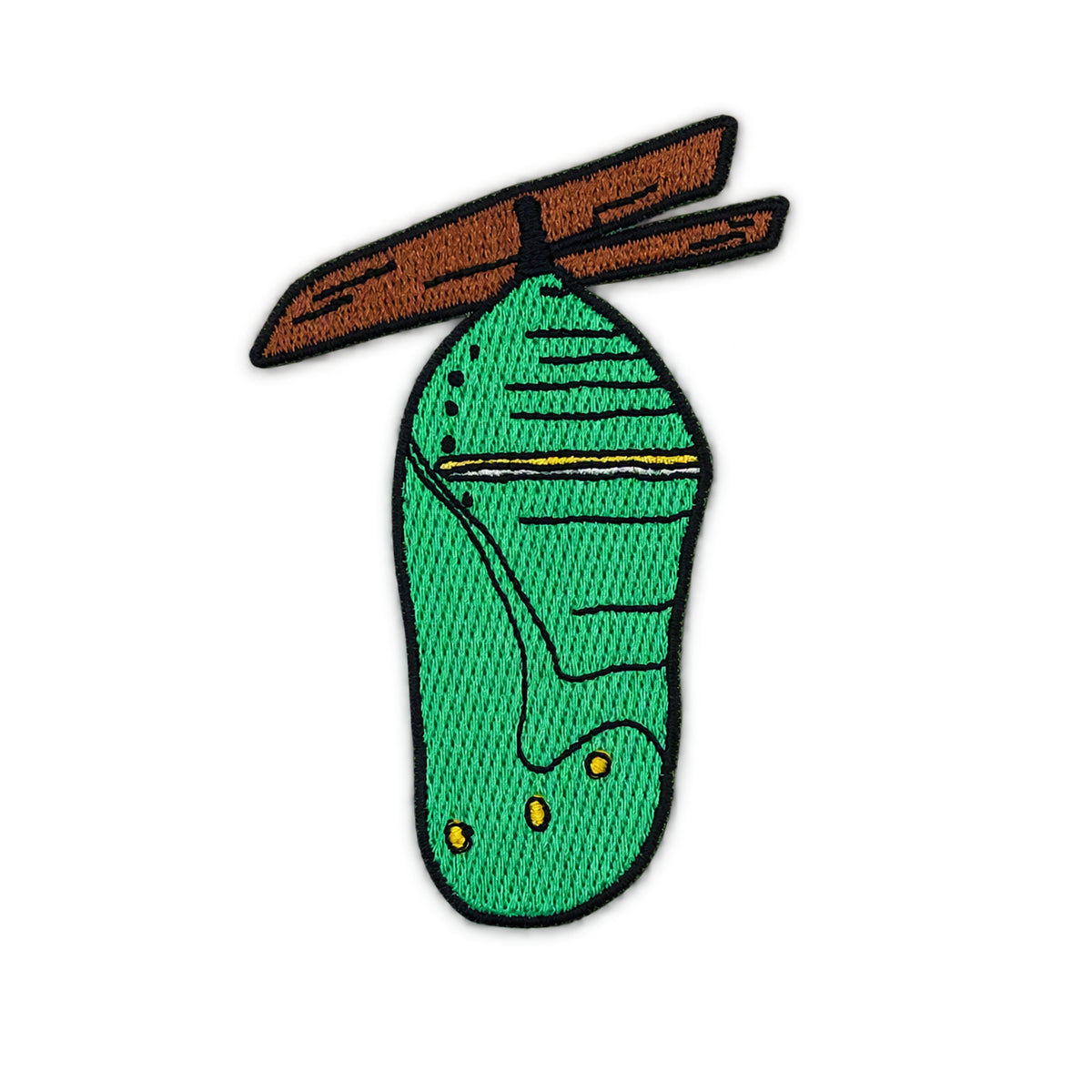 An embroidered patch depicting a green butterfly chrysalis hanging from brown twine, set against a plain white background.