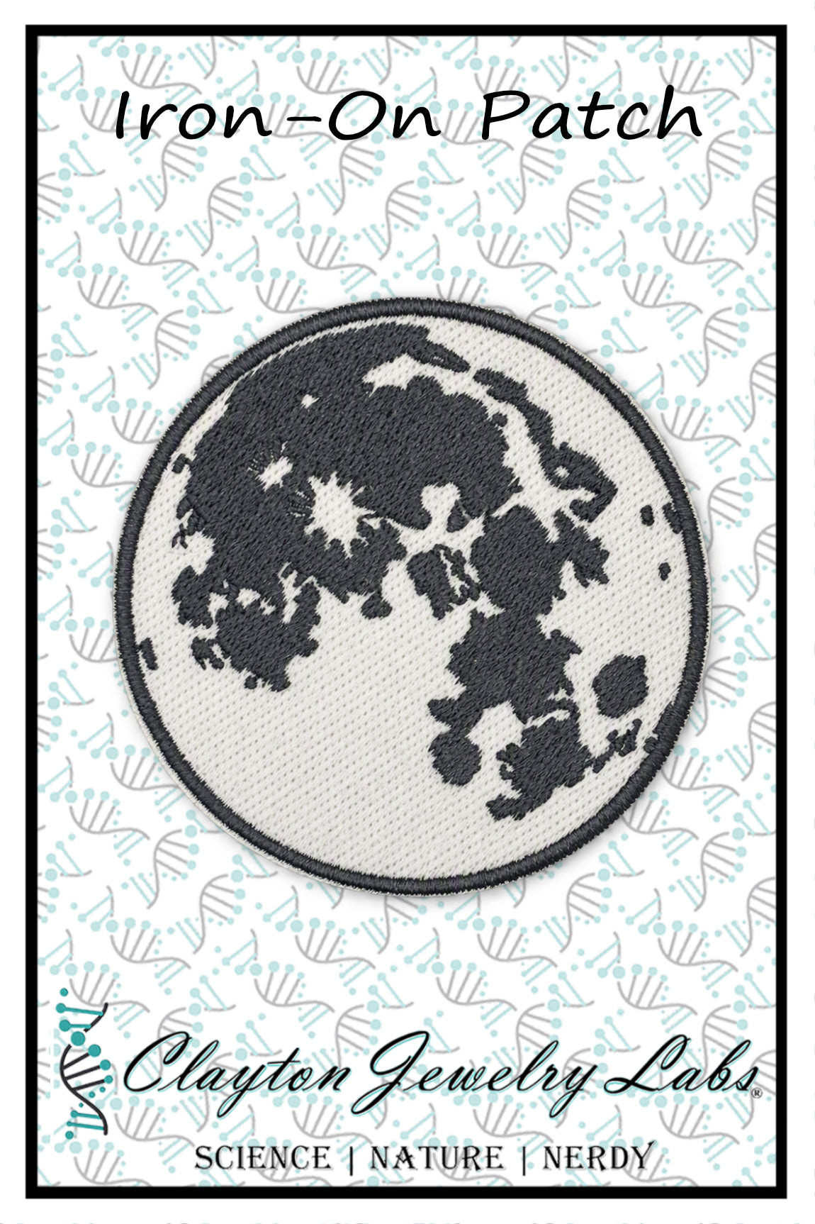 An iron-on patch featuring a black embroidered moon design on a white textured fabric background, presented on a branded white backing card with the text 'Iron-On Patch' and 'Clayton Jewelry Labs'.