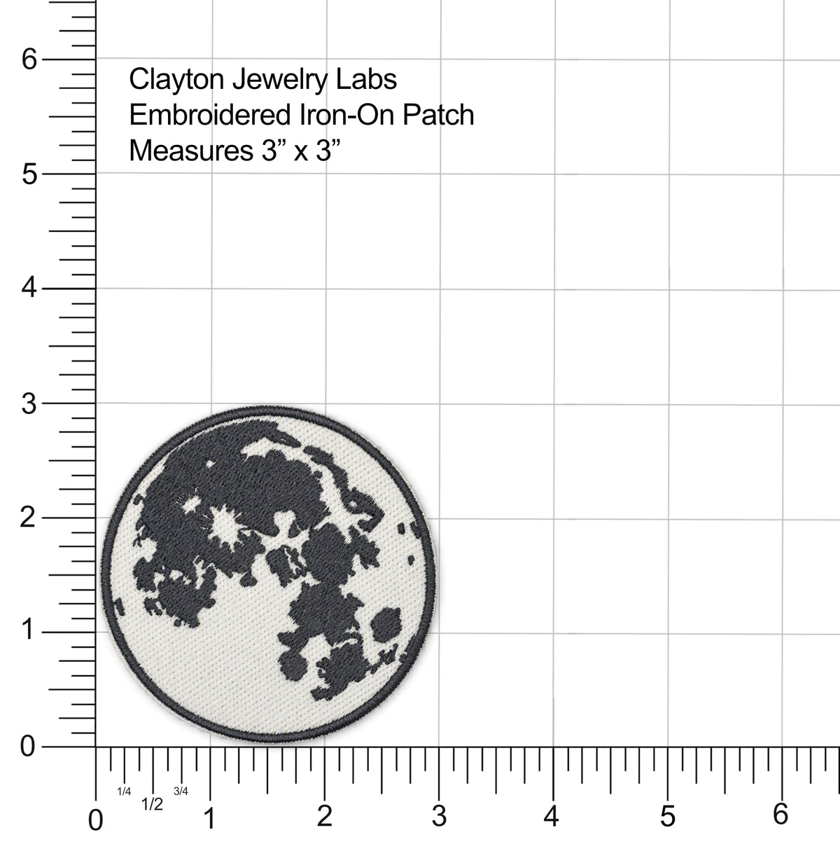 A circular embroidered iron-on patch showing a black-and-white moon design on a white textured background, with measurement rulers and text reading 'Clayton Jewelry Labs Embroidered Iron-On Patch Measures 3" x 3"' on a white grid background.
