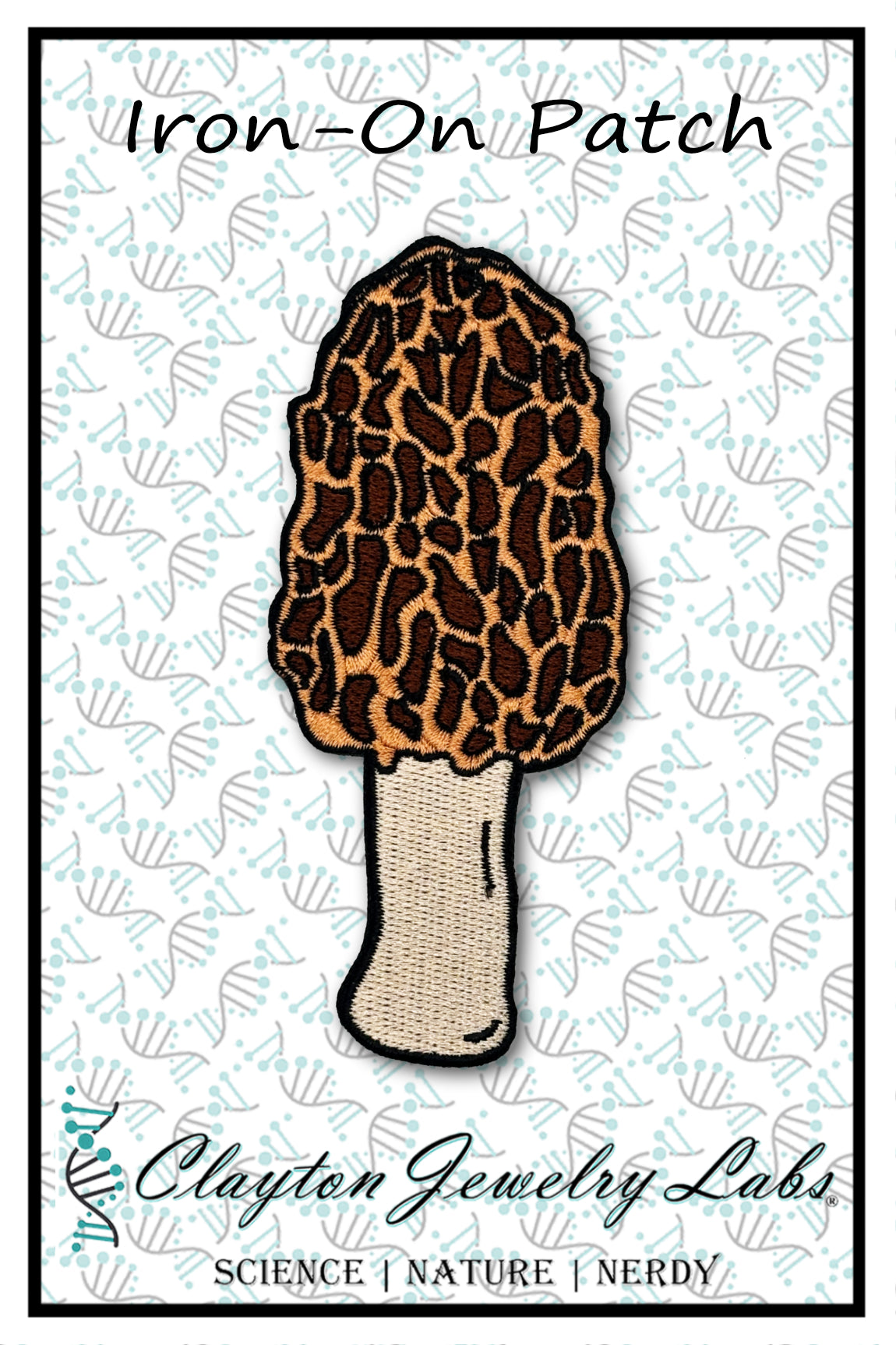 Iron-on patch of a Morel Mushroom Patch  on a white background, branded by Clayton Jewelry Labs.