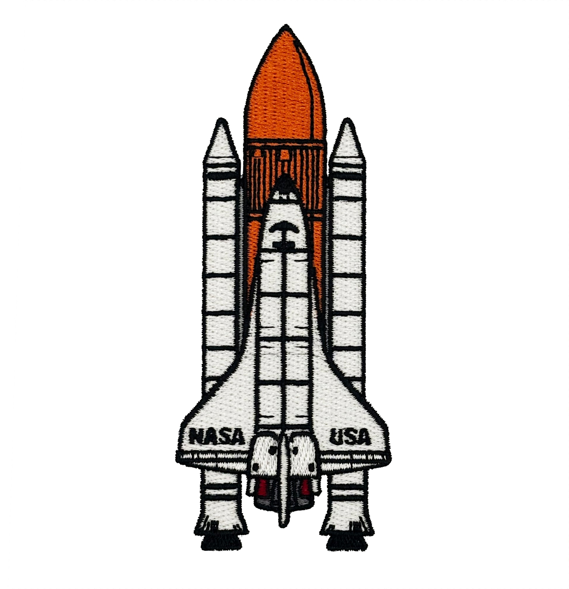 Embroidered patch of a space shuttle with NASA and USA text on a white background