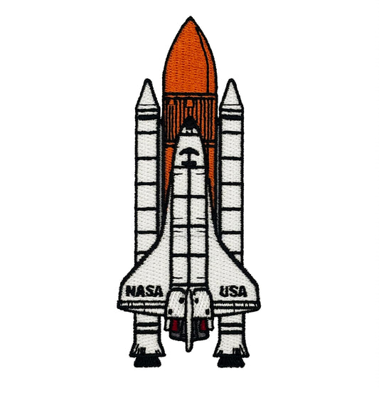 Embroidered patch of a space shuttle with NASA and USA text on a white background