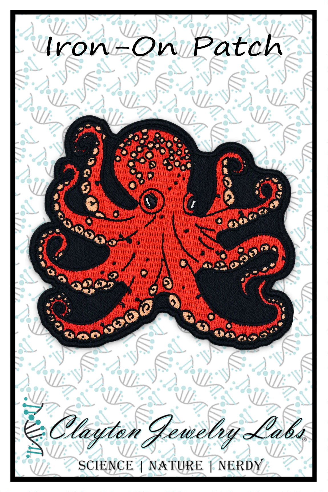 An embroidered iron-on patch featuring a red octopus with beige suction cups on a black background, displayed on a white patterned card with the text 'Iron-On Patch' and 'Clayton Jewelry Labs'.