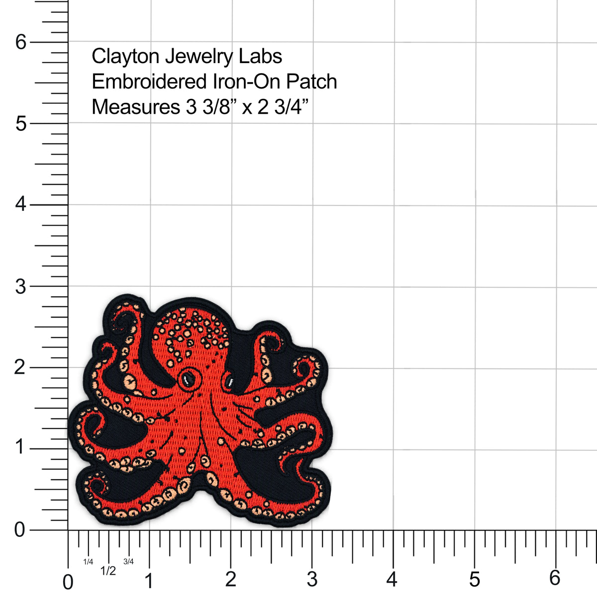 An octopus-shaped embroidered iron-on patch by Clayton Jewelry Labs, shown on a white grid background with measurement rulers along the left and bottom edges. The patch is red with black outlines and small gold/yellow details.