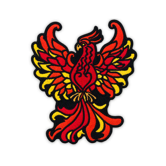 An embroidered phoenix patch featuring a vibrant red and orange bird with yellow highlights and a black stitched border, set against a plain white background.