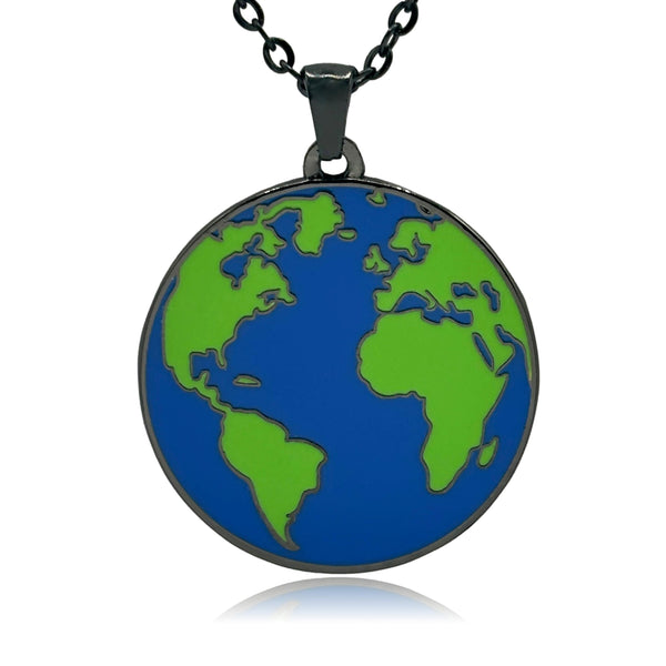 Planet Earth Double Sided Enamel Pendant Necklace