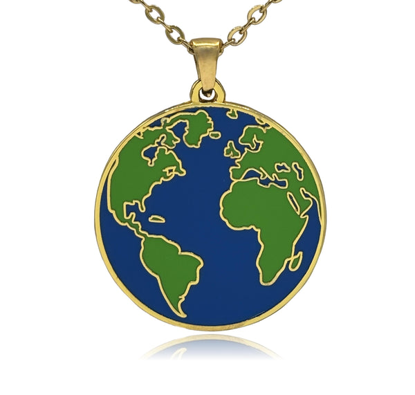 Planet Earth Double Sided Enamel Pendant Necklace