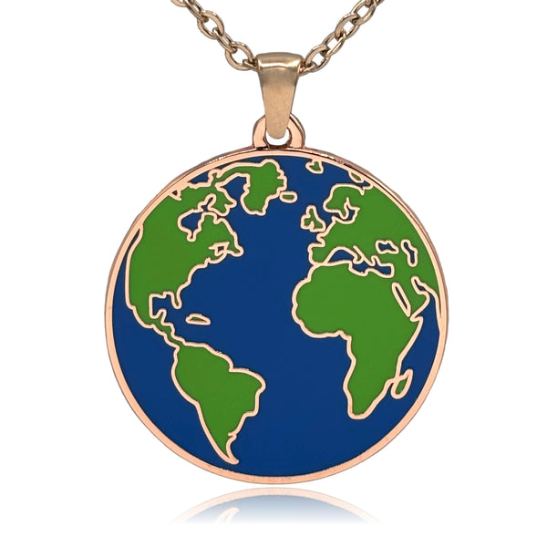 Planet Earth Double Sided Enamel Pendant Necklace