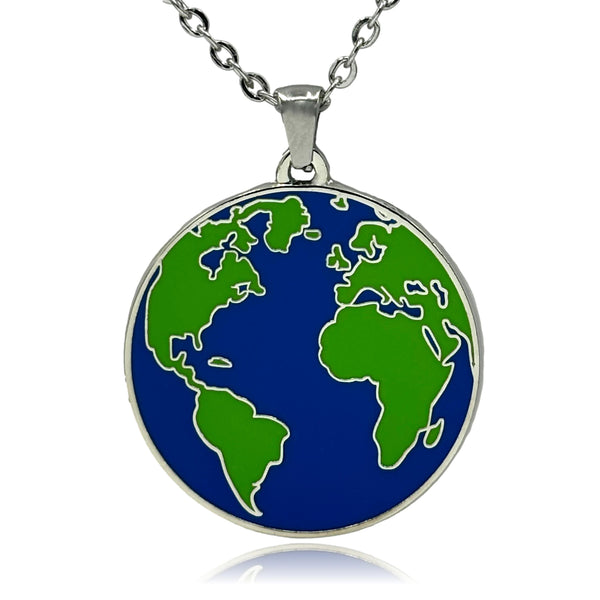 Planet Earth Double Sided Enamel Pendant Necklace