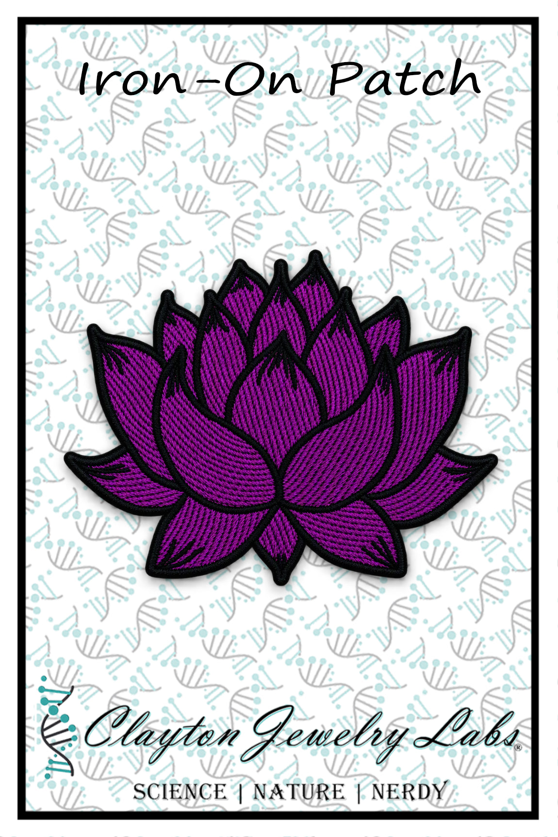 An embroidered iron-on patch featuring a purple lotus flower with black outlines, presented on a branded white backing card labeled 'Iron-On Patch' and 'Clayton Jewelry Labs'.
