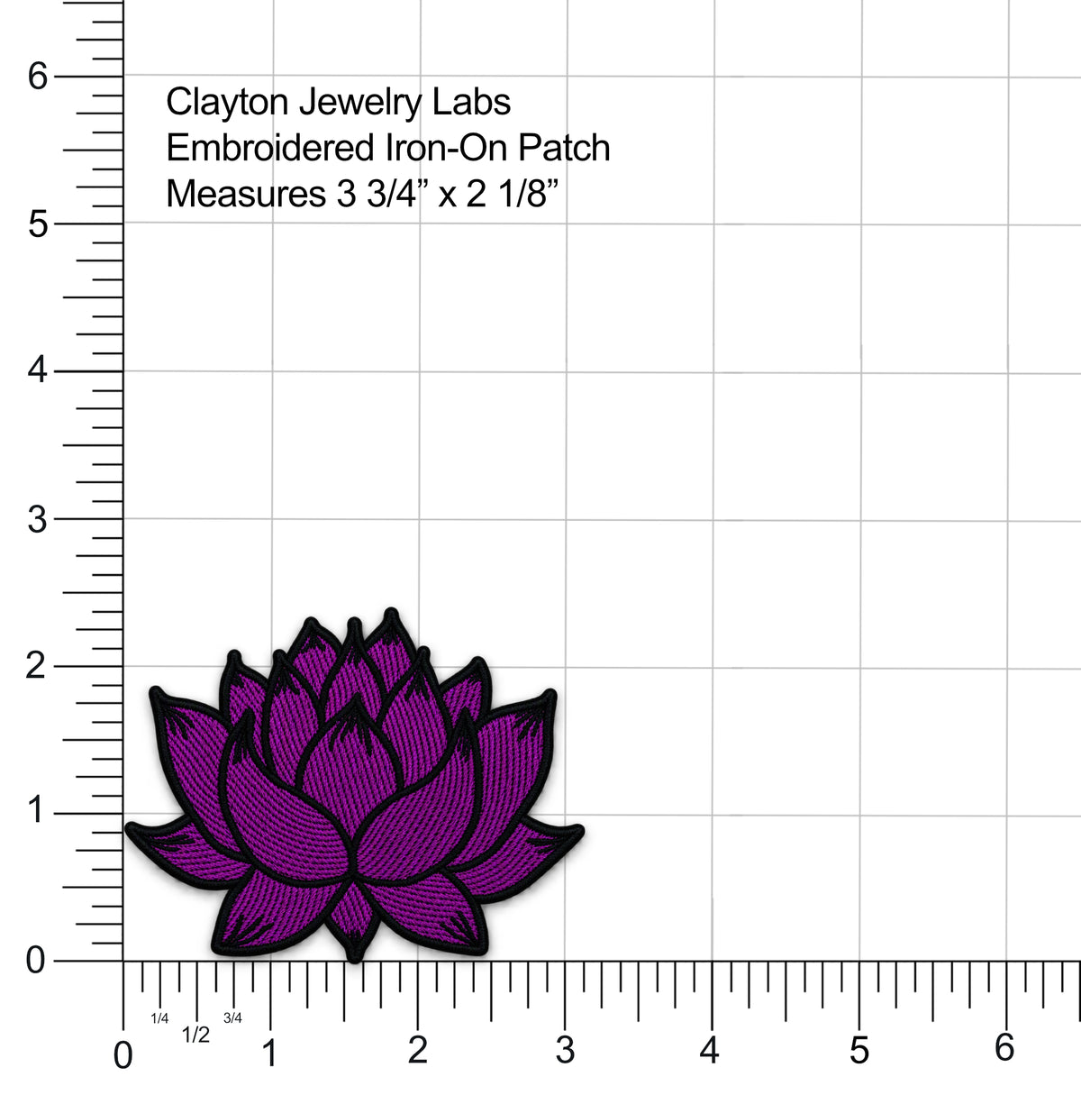 A purple lotus flower embroidered iron-on patch with black stitching and a black border, shown on a white grid background with ruler markings and text reading 'Clayton Jewelry Labs Embroidered Iron-On Patch Measures 3 3/4" x 2 1/8"'.