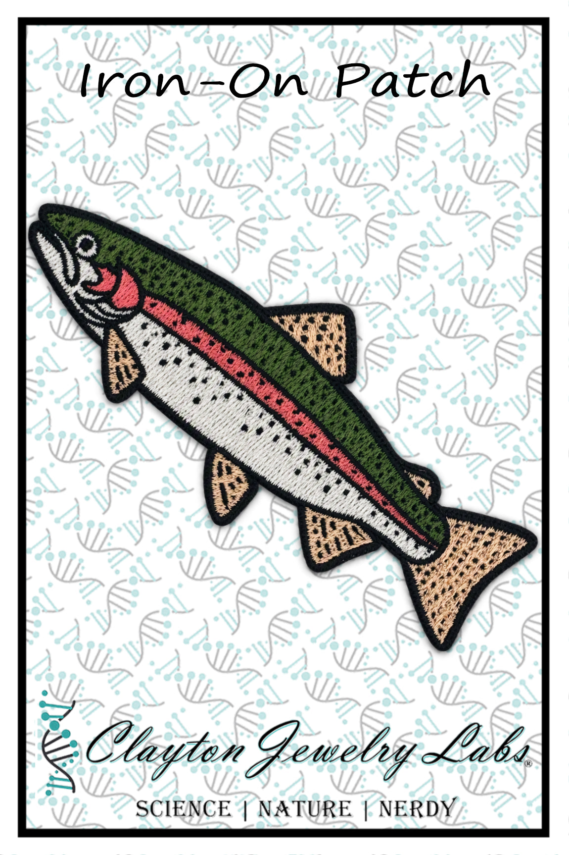 An embroidered iron-on patch of a rainbow trout fish, featuring green, white, pink, and tan details with black outlines, displayed on a white patterned background with the text 'Iron-On Patch' and 'Clayton Jewelry Labs'.