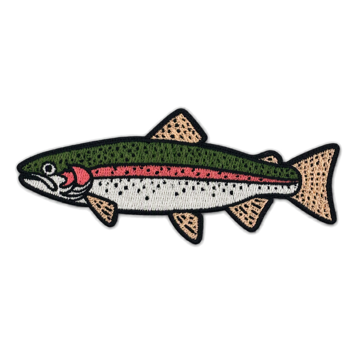 An embroidered patch of a rainbow trout fish, featuring green, pink, white, and tan details with a black stitched border, shown on a plain white background.
