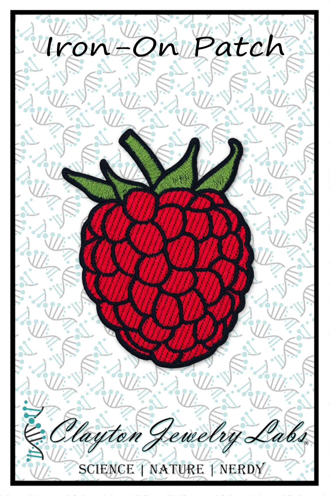An embroidered iron-on patch design featuring a red raspberry with green leaves on a white patterned background, with text reading 'Iron-On Patch' and 'Clayton Jewelry Labs'.