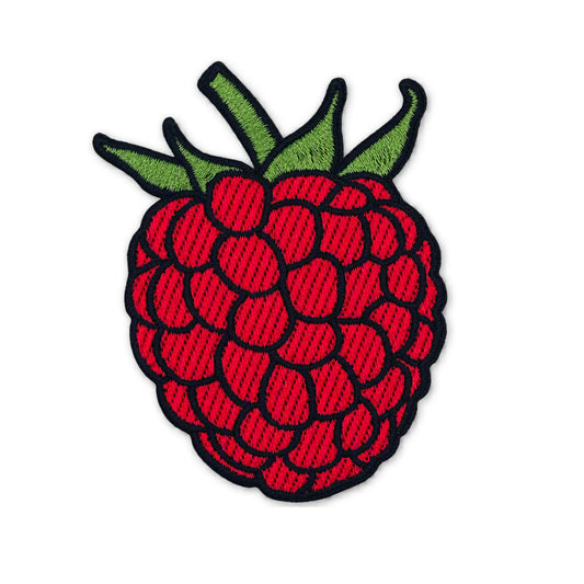 An embroidered patch of a raspberry with green leaves, outlined in black, on a solid white background.