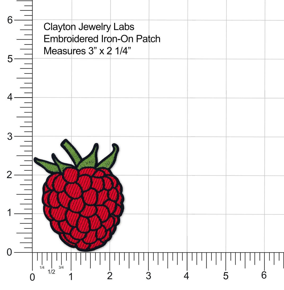 A raspberry-shaped embroidered iron-on patch shown on a white grid background with ruler markings and text reading Clayton Jewelry Labs, Embroidered Iron-On Patch, Measures 3" x 2 1/4".