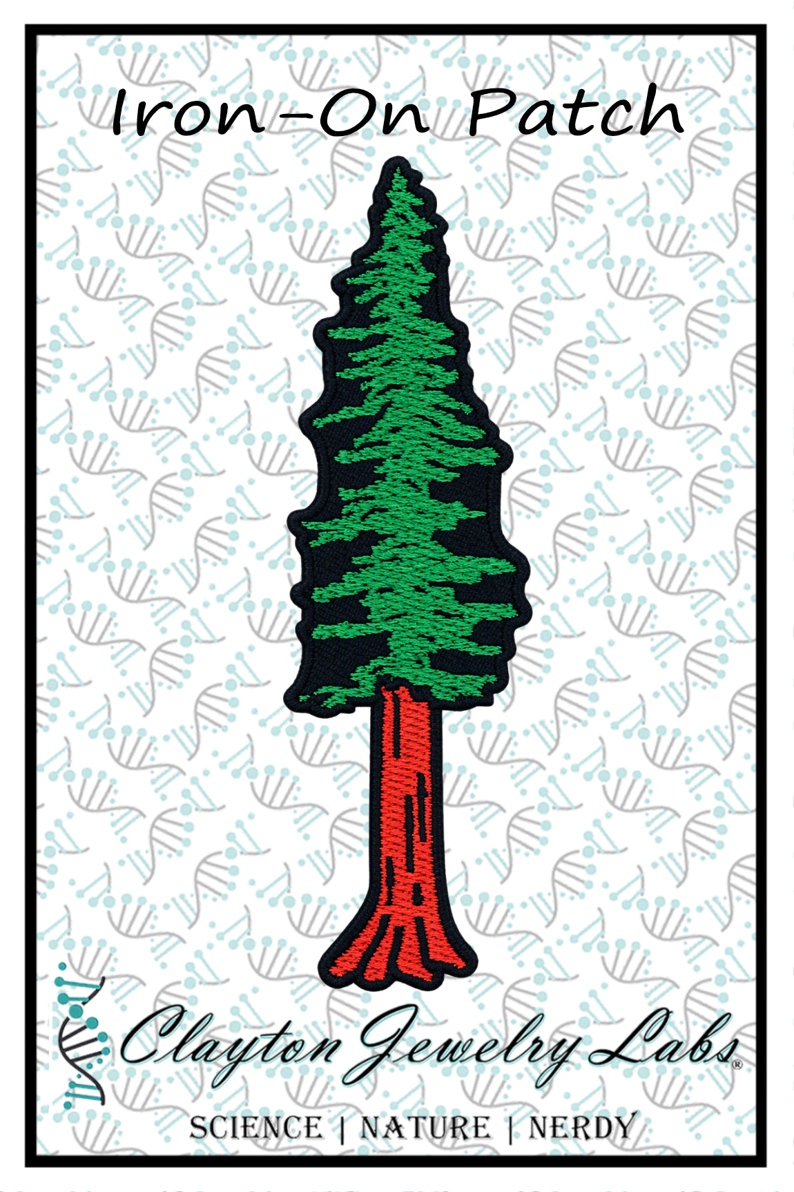 An embroidered patch design featuring a pine tree with a green textured canopy and a red trunk, centered on a white background with a repeating light blue shell pattern. The text 'Iron-On Patch' appears at the top, and 'Clayton Jewelry Labs' is printed at the bottom with the tagline 'SCIENCE | NATURE | NERDY'.