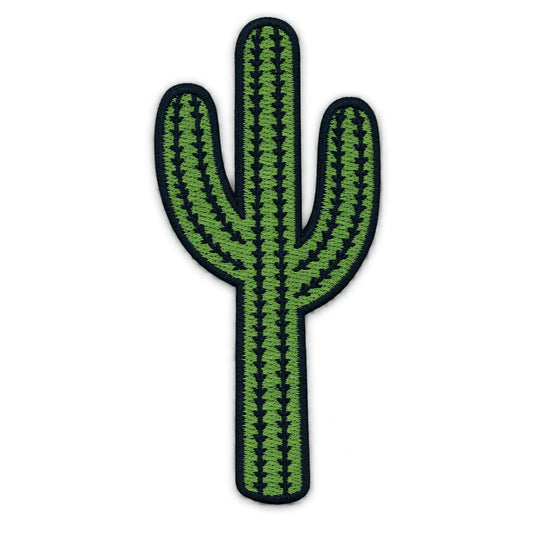 An embroidered patch shaped like a saguaro cactus, featuring green embroidered fill with black stitched outlines and pincushion details, shown on a plain white background.