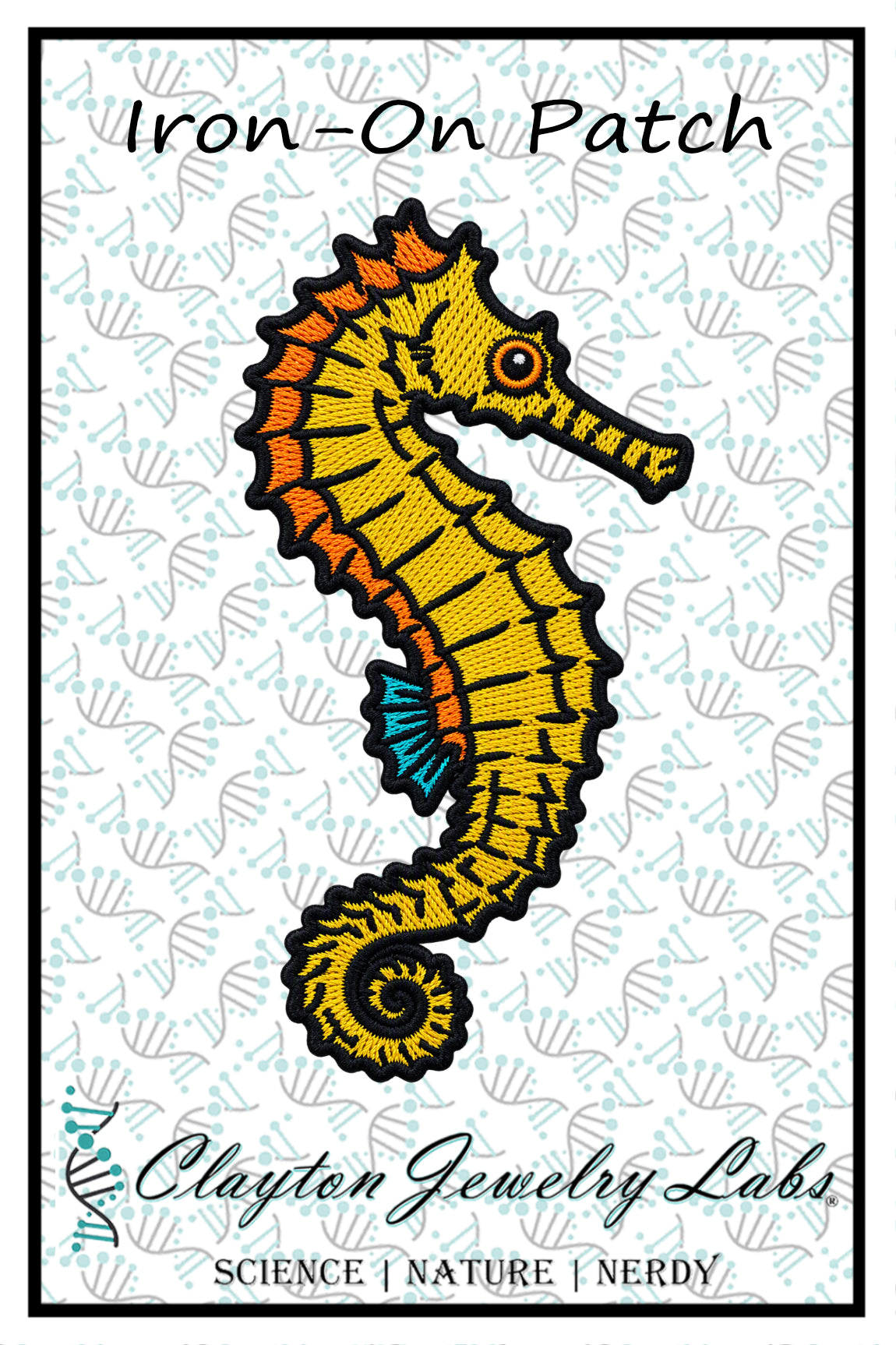 An iron-on patch featuring a yellow seahorse with orange and teal accents, displayed on a white background with a light blue seashell pattern. The text 'Iron-On Patch' is at the top, and 'Clayton Jewelry Labs' is at the bottom.