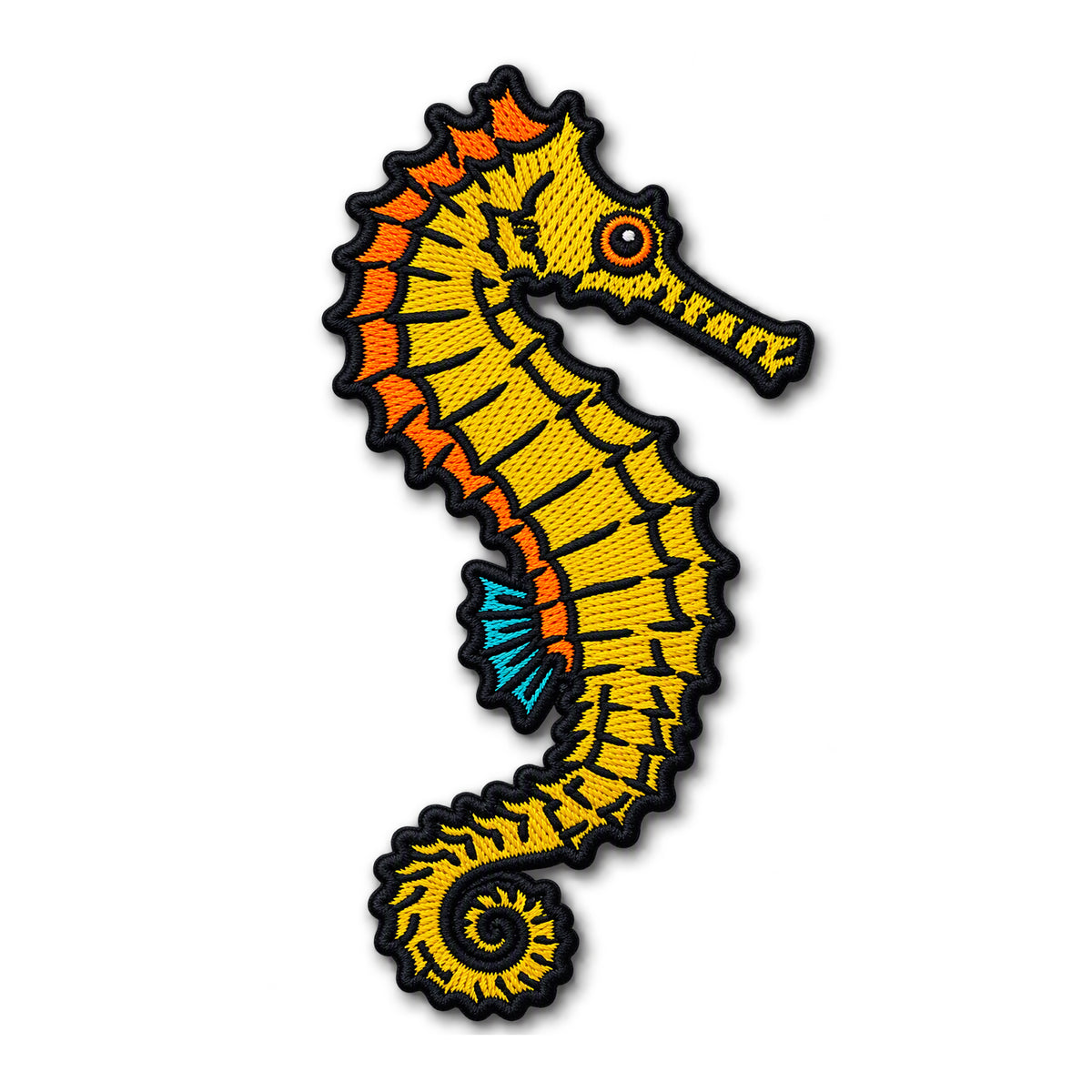 An embroidered patch of a stylized seahorse on a plain white background. The seahorse is primarily yellow with orange and red accents along its back and tail, a small blue fin, and a black embroidered border.