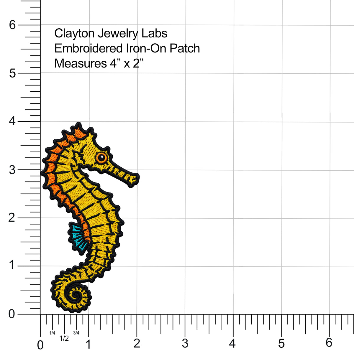 An embroidered iron-on patch design of a seahorse on a white background with measurement rulers along the left and bottom edges. Text at the top reads 'Clayton Jewelry Labs Embroidered Iron-On Patch Measures 4" x 2"'.