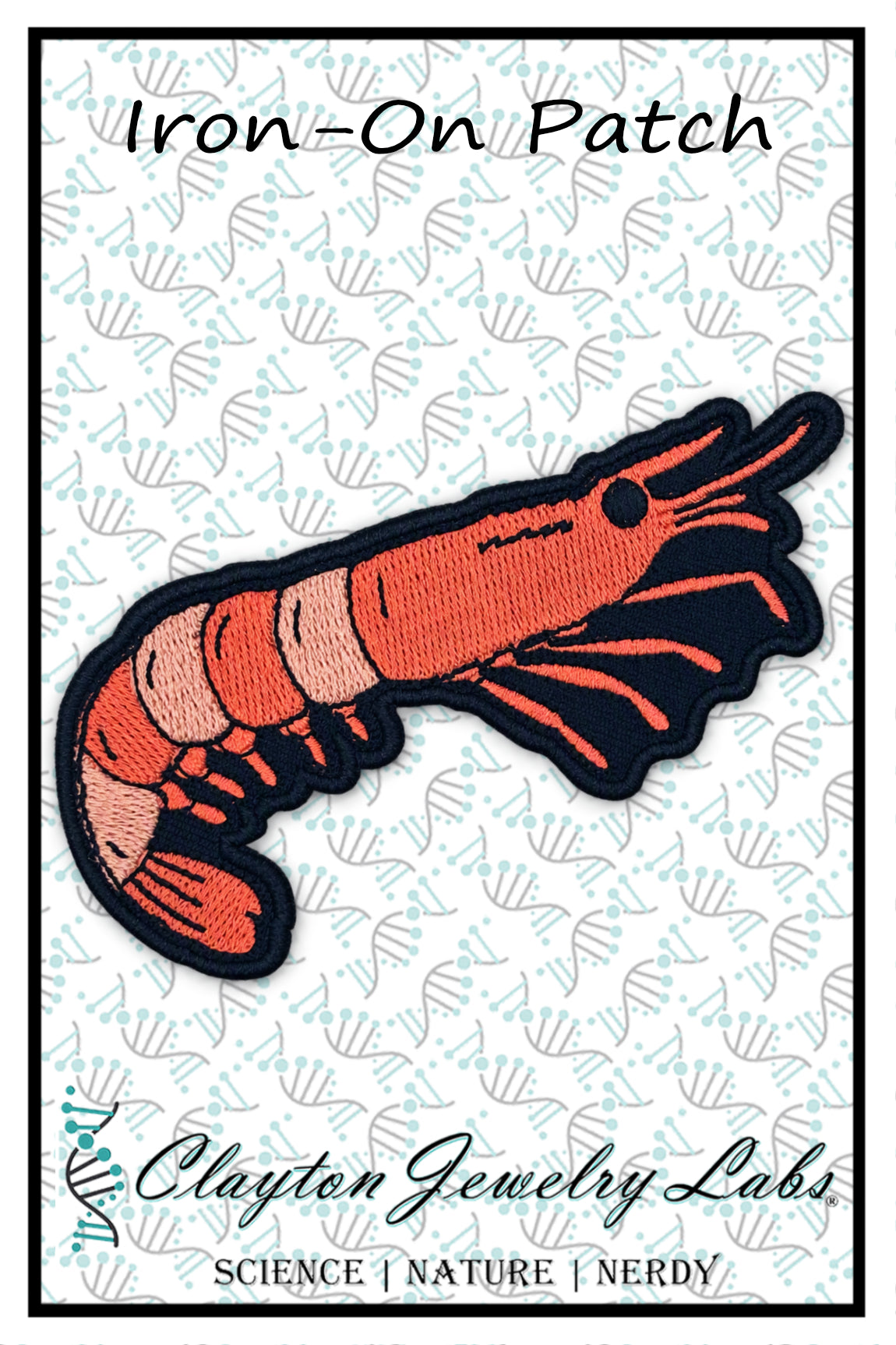 An embroidered iron-on patch shaped like a shrimp or prawn, shown on a white patterned background with the text 'Iron-On Patch' at the top and 'Clayton Jewelry Labs' at the bottom.