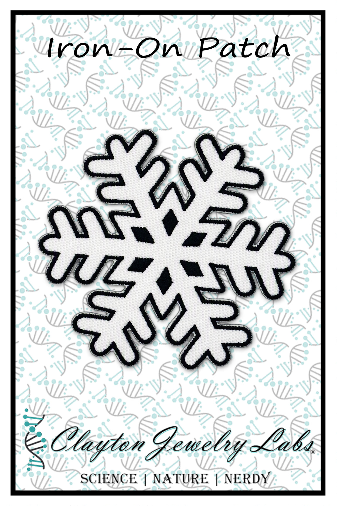 Snowflake-shaped iron-on patch shown on a branded backing card. The card reads 'Iron-On Patch' at the top and 'Clayton Jewelry Labs' at the bottom, with a white and pale blue patterned background and the brand tagline 'SCIENCE | NATURE | NERDY'.
