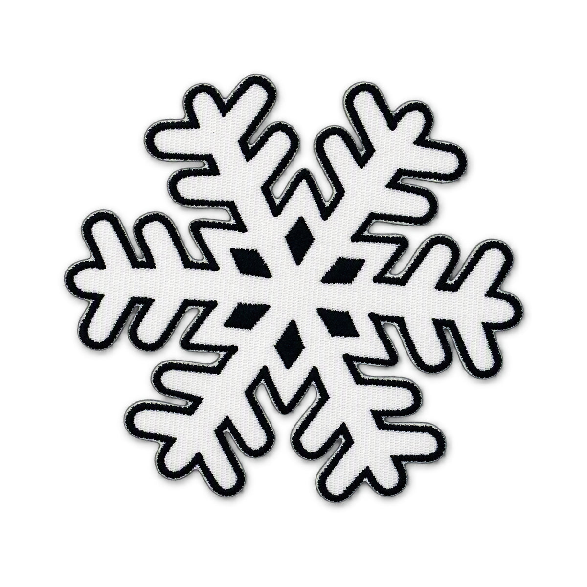 A single snowflake-shaped patch or applique on a plain white background. The design is white with a black embroidered outline and black diamond details in the center.