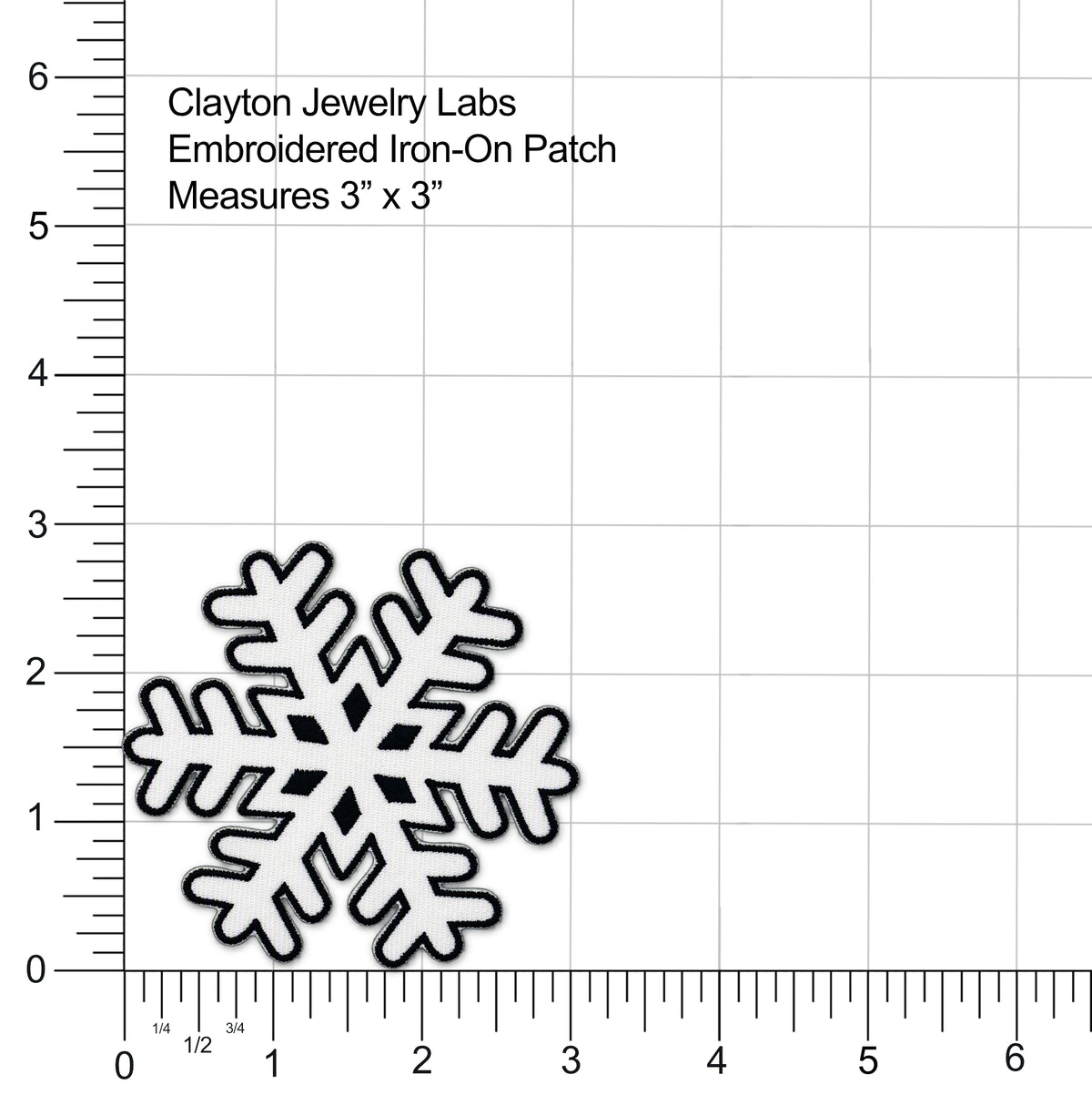 Snowflake-shaped embroidered iron-on patch shown on a white grid background with measurement rulers along the edges and text reading 'Clayton Jewelry Labs Embroidered Iron-On Patch Measures 3" x 3"'.