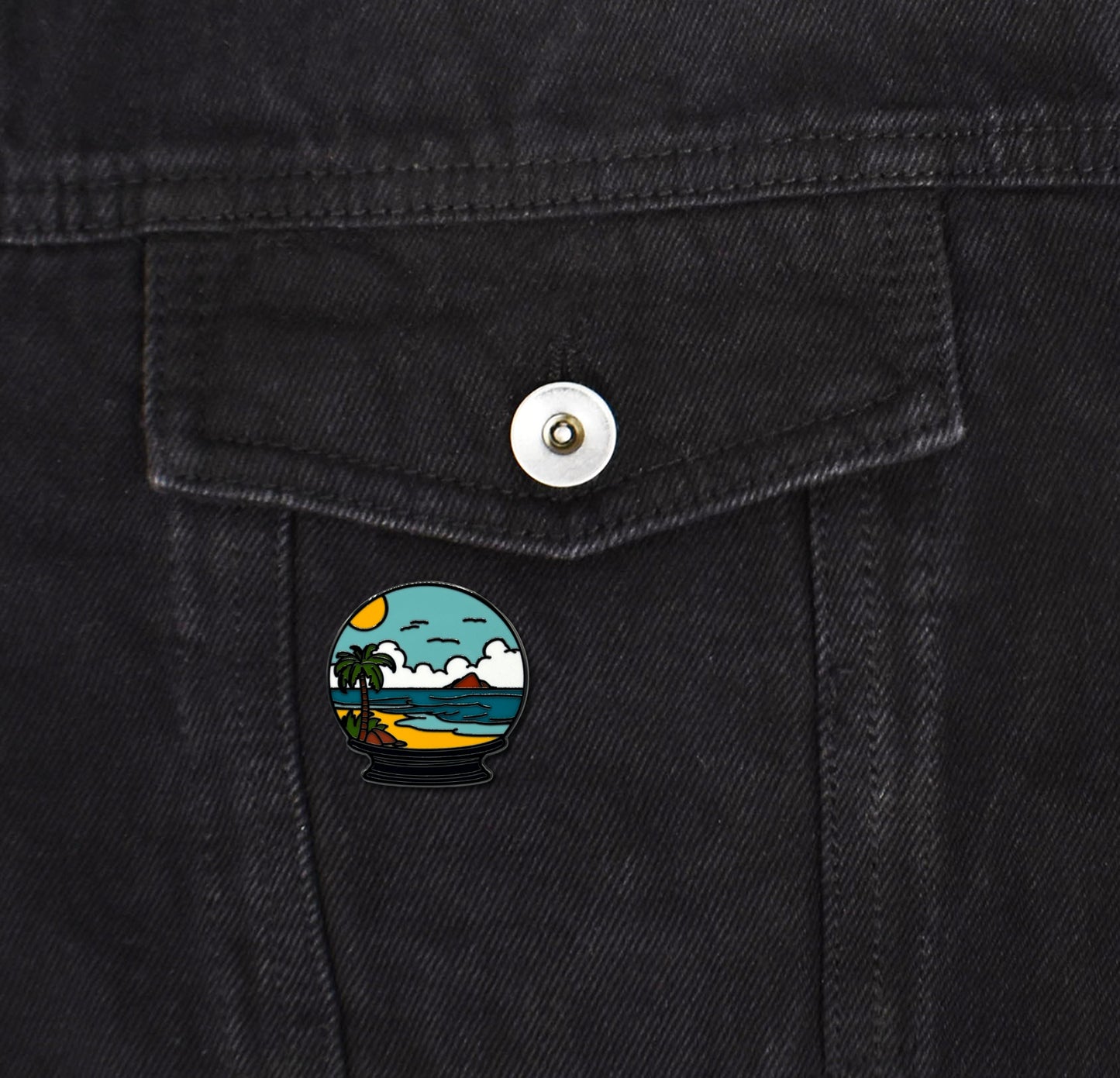 Tropical Beach Scene Snow Globe Enamel Pin