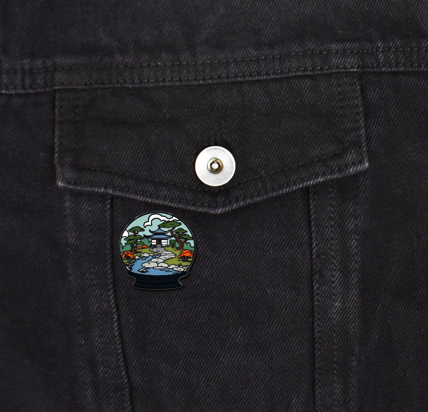 Japanese Zen Garden Scene Snow Globe Enamel Pin