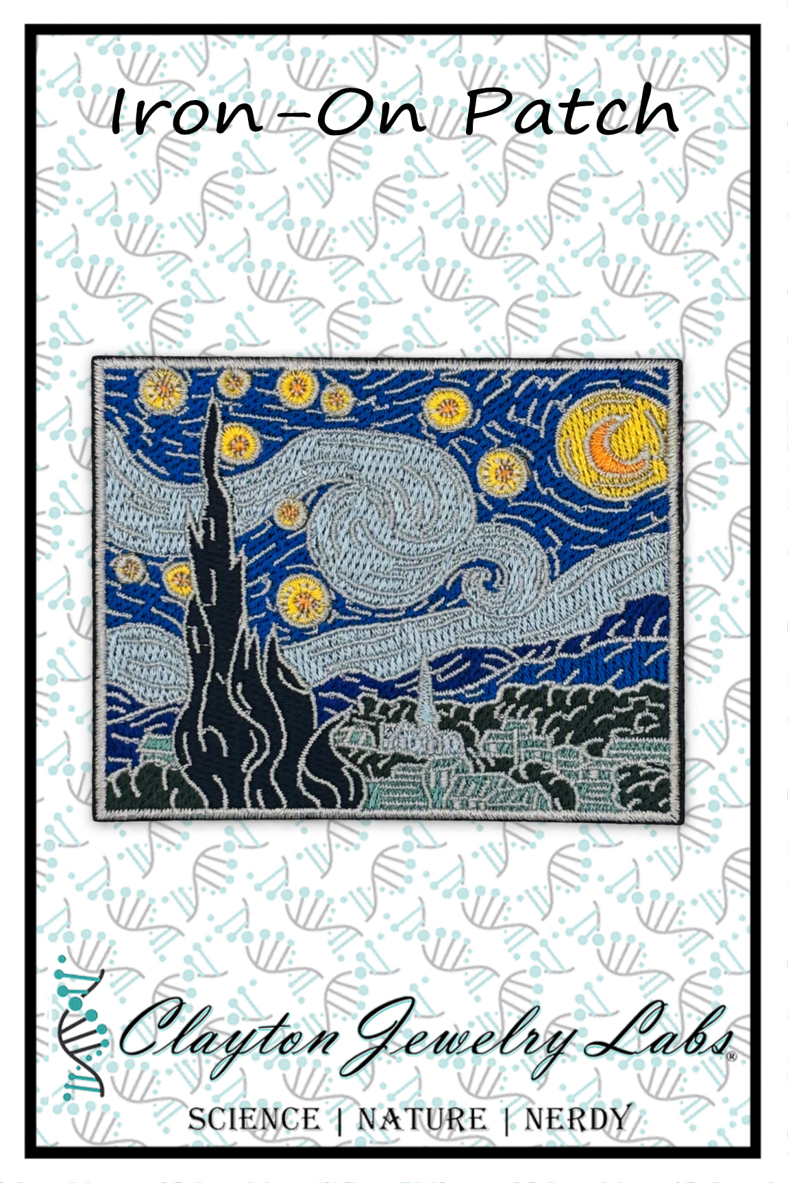 An iron-on patch featuring a stylized, mosaic-like version of Van Gogh's Starry Night with swirling blue and white sky, yellow stars and moon, a dark cypress tree, and a village in the foreground. The patch is displayed on a white background with a faint repeating pattern, with the text 'Iron-On Patch' at the top and 'Clayton Jewelry Labs' at the bottom.