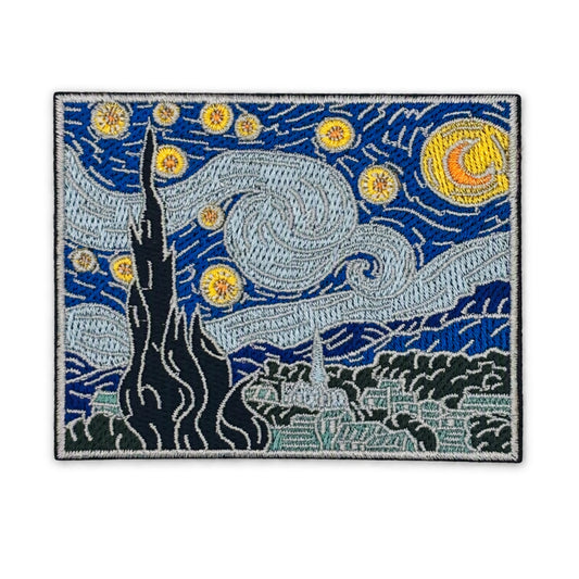 A rectangular embroidered patch featuring a stylized version of Van Gogh's Starry Night with swirling blue sky, yellow stars and moon, a dark cypress tree, and a village in the foreground, shown on a plain white background.