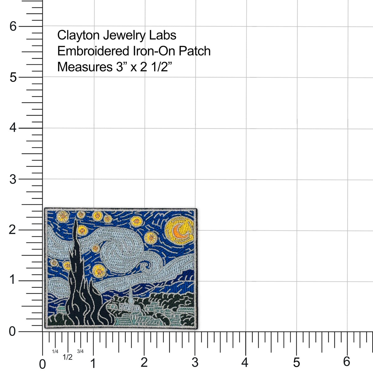 An embroidered iron-on patch featuring a stylized blue and yellow moonlit landscape with swirling clouds and stars, shown on a white background with measurement rulers and text reading 'Clayton Jewelry Labs Embroidered Iron-On Patch Measures 3" x 2 1/2"'.