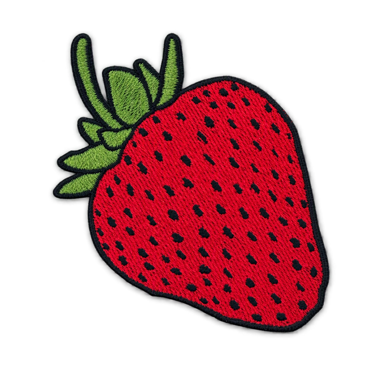 An embroidered strawberry patch with a bright red body, green leaves, and black seed details, outlined in black thread on a plain white background.