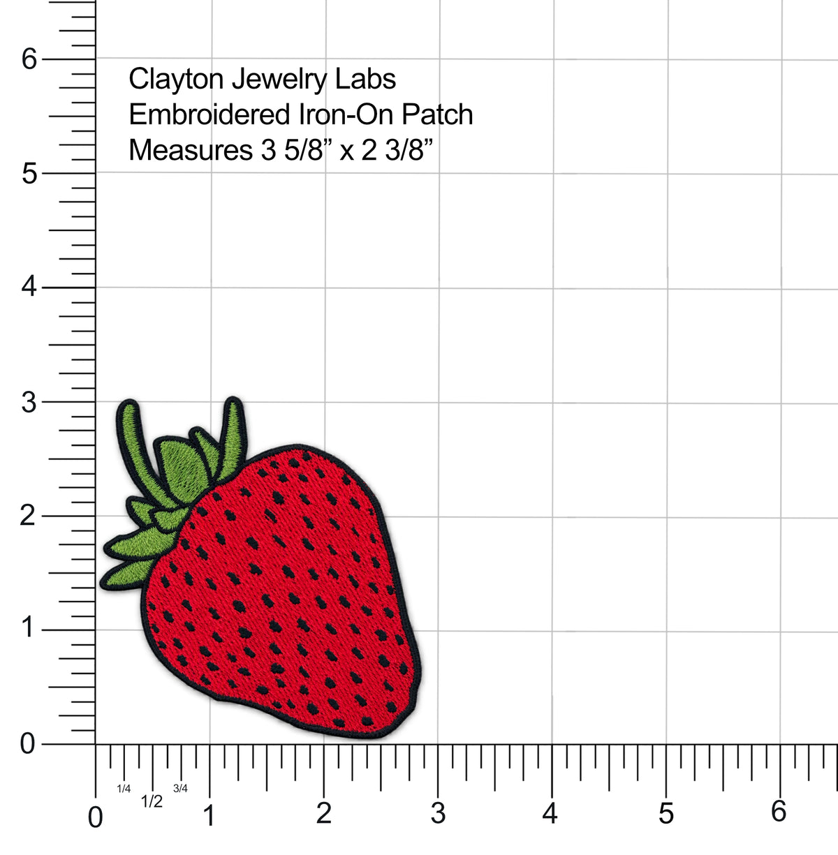 A strawberry-shaped embroidered iron-on patch shown on a white grid background with ruler markings and text reading 'Clayton Jewelry Labs Embroidered Iron-On Patch Measures 3 5/8" x 2 3/8"'.