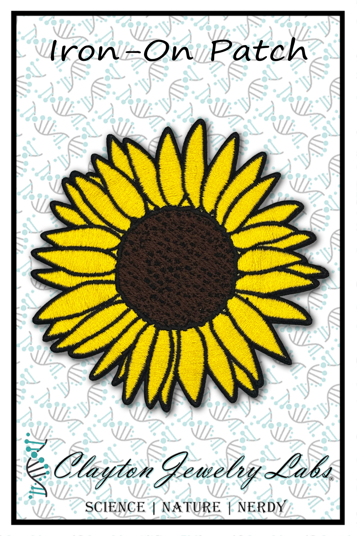 Sunflower iron-on patch with Clayton Jewelry Labs branding on a light background