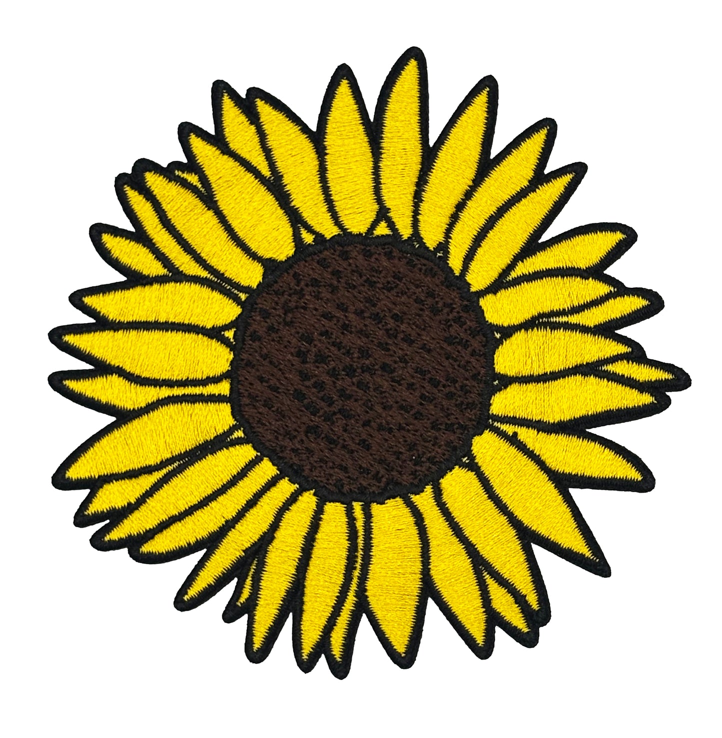 Sunflower patch with yellow petals and brown center on a white background