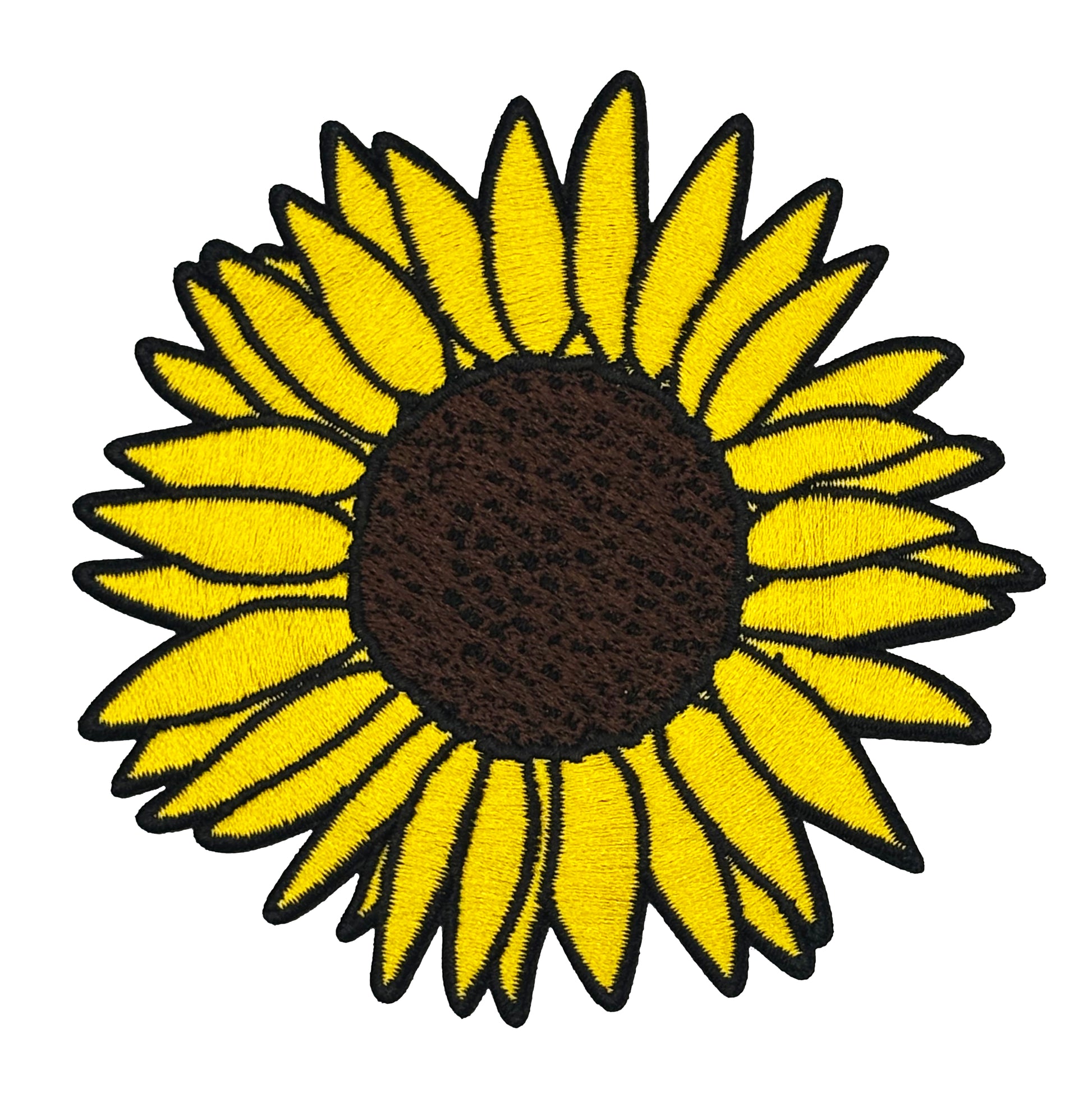 Sunflower patch with yellow petals and brown center on a white background