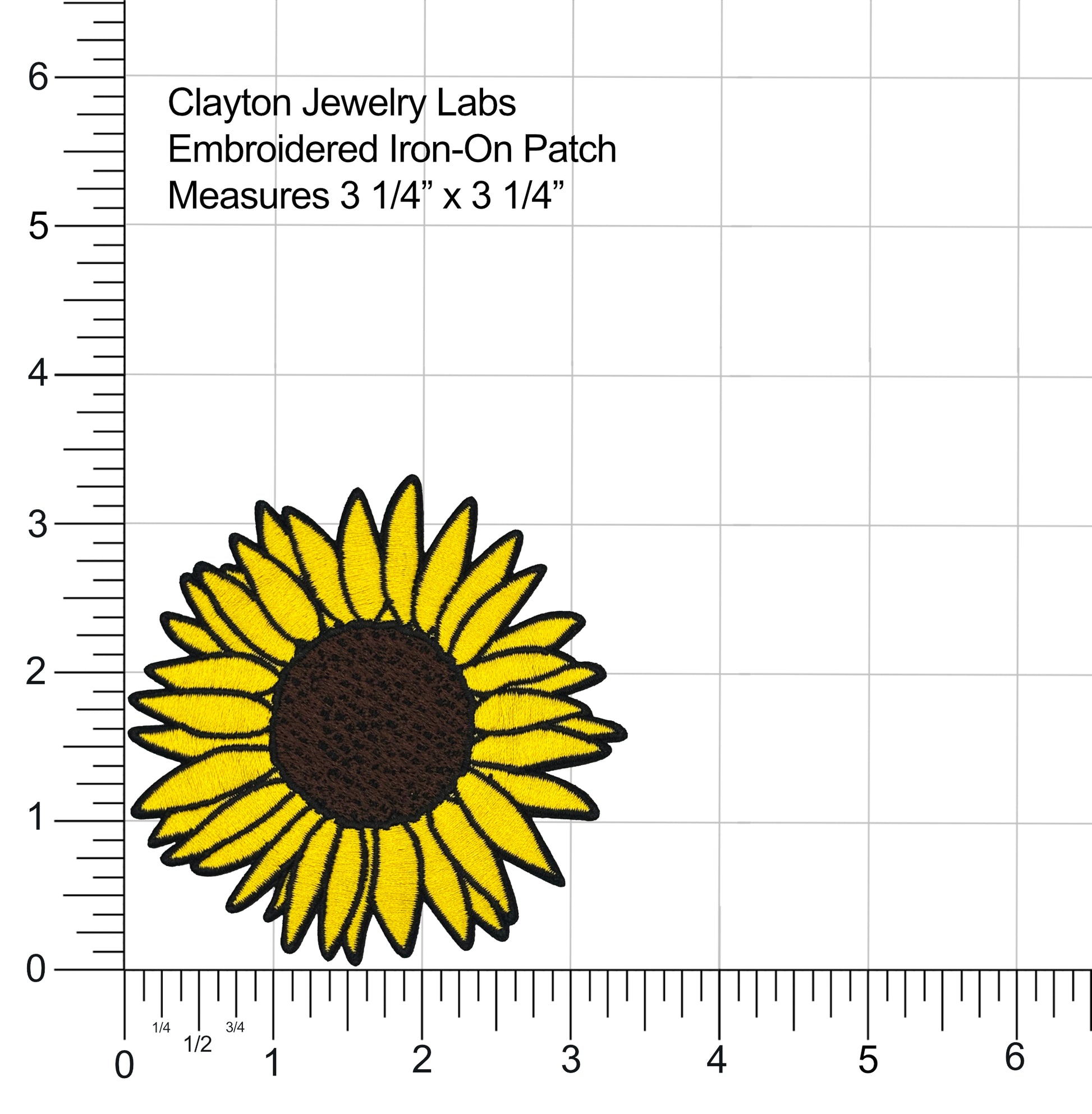 Sunflower embroidered iron-on patch with measurement details on a grid background