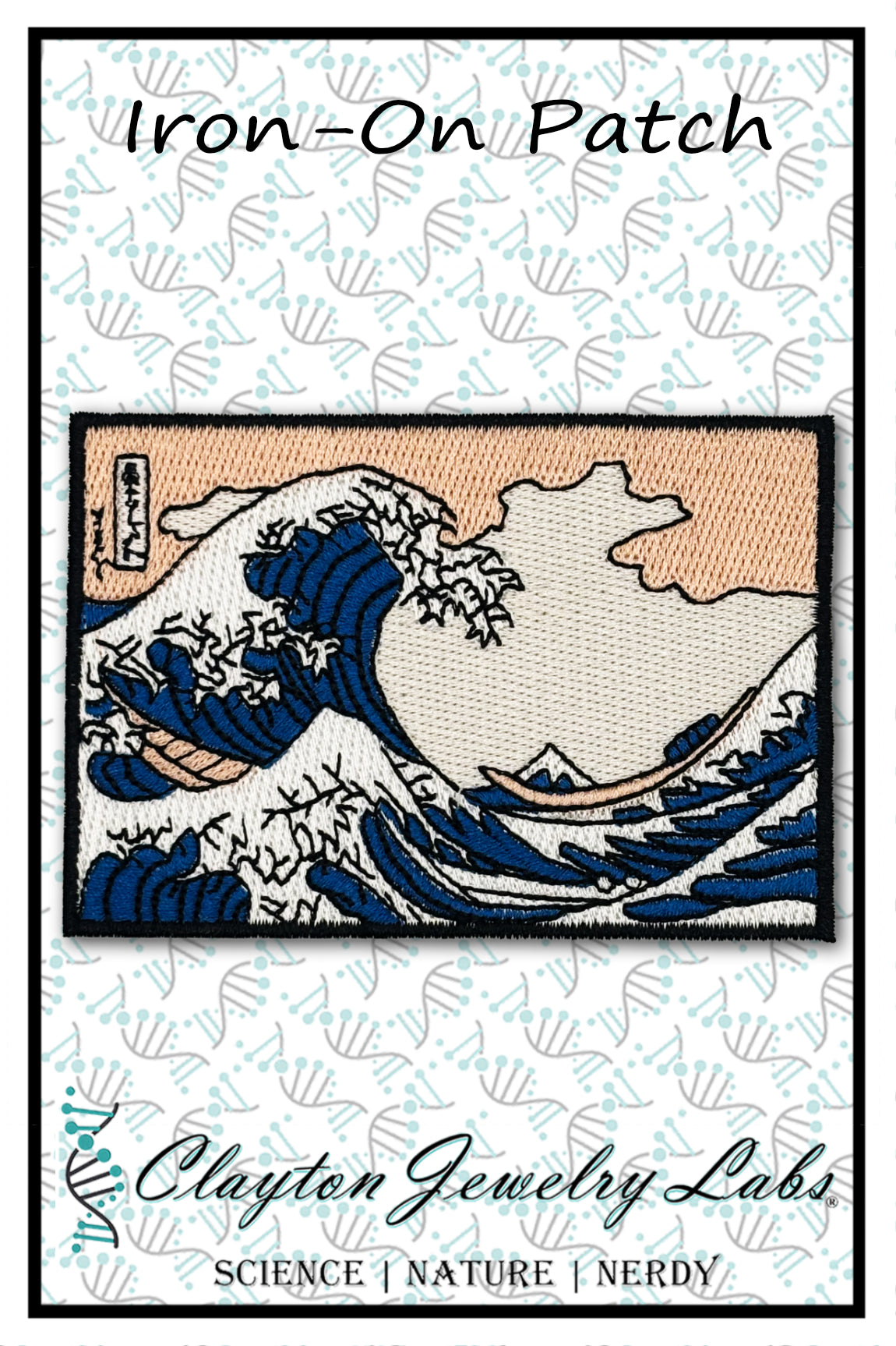 Iron-on patch of The Great Wave off Kanagawa design on a white background, featuring Clayton Jewelry Labs branding.