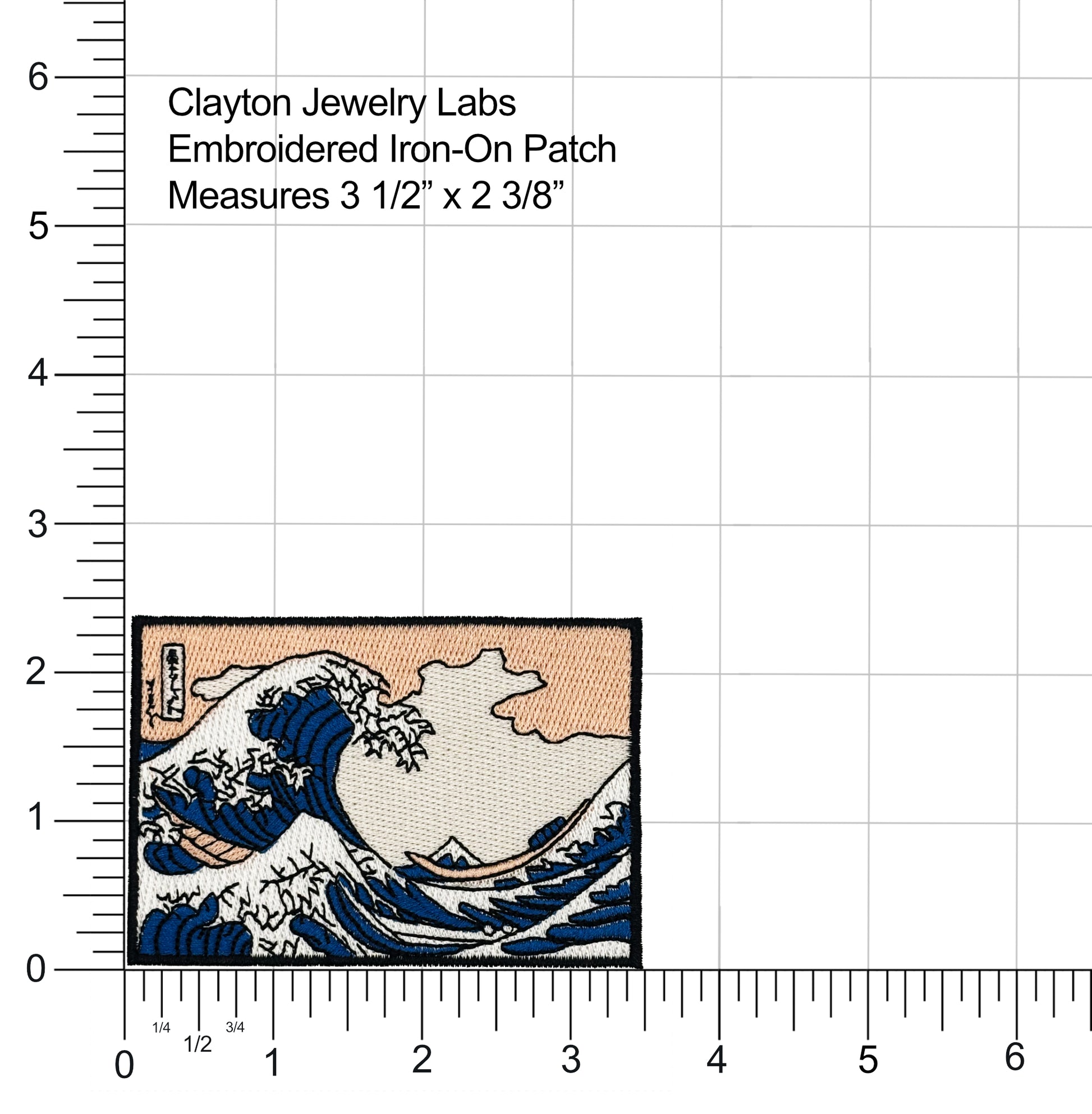 Embroidered iron-on patch Embroidered patch of The Great Wave off Kanagawa on a white background, measured against a ruler.