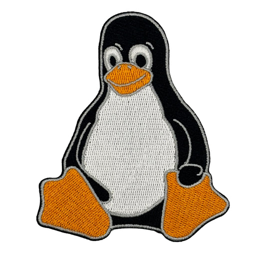 Embroidered patch of a Tux the Linux Penguin on a white background