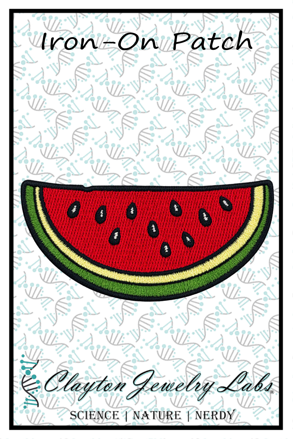 An embroidered iron-on patch design of a watermelon slice, featuring red flesh, black seeds, and green and yellow rinds, presented on a white patterned background with the text 'Iron-On Patch' and 'Clayton Jewelry Labs'.