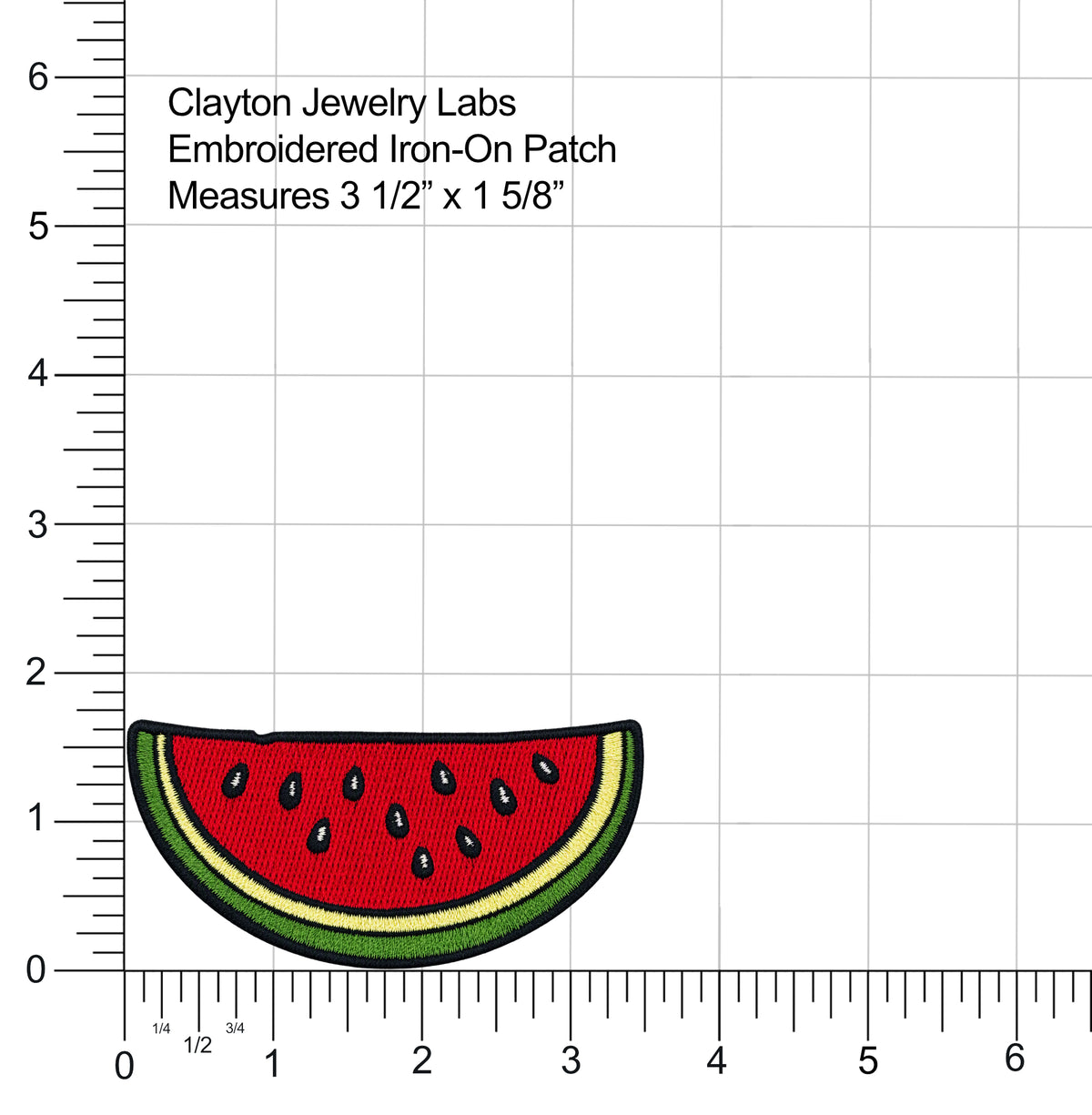Watermelon embroidered iron-on patch shown on a white measurement grid with ruler markings and text reading Clayton Jewelry Labs, Embroidered Iron-On Patch, Measures 3 1/2" x 1 5/8".