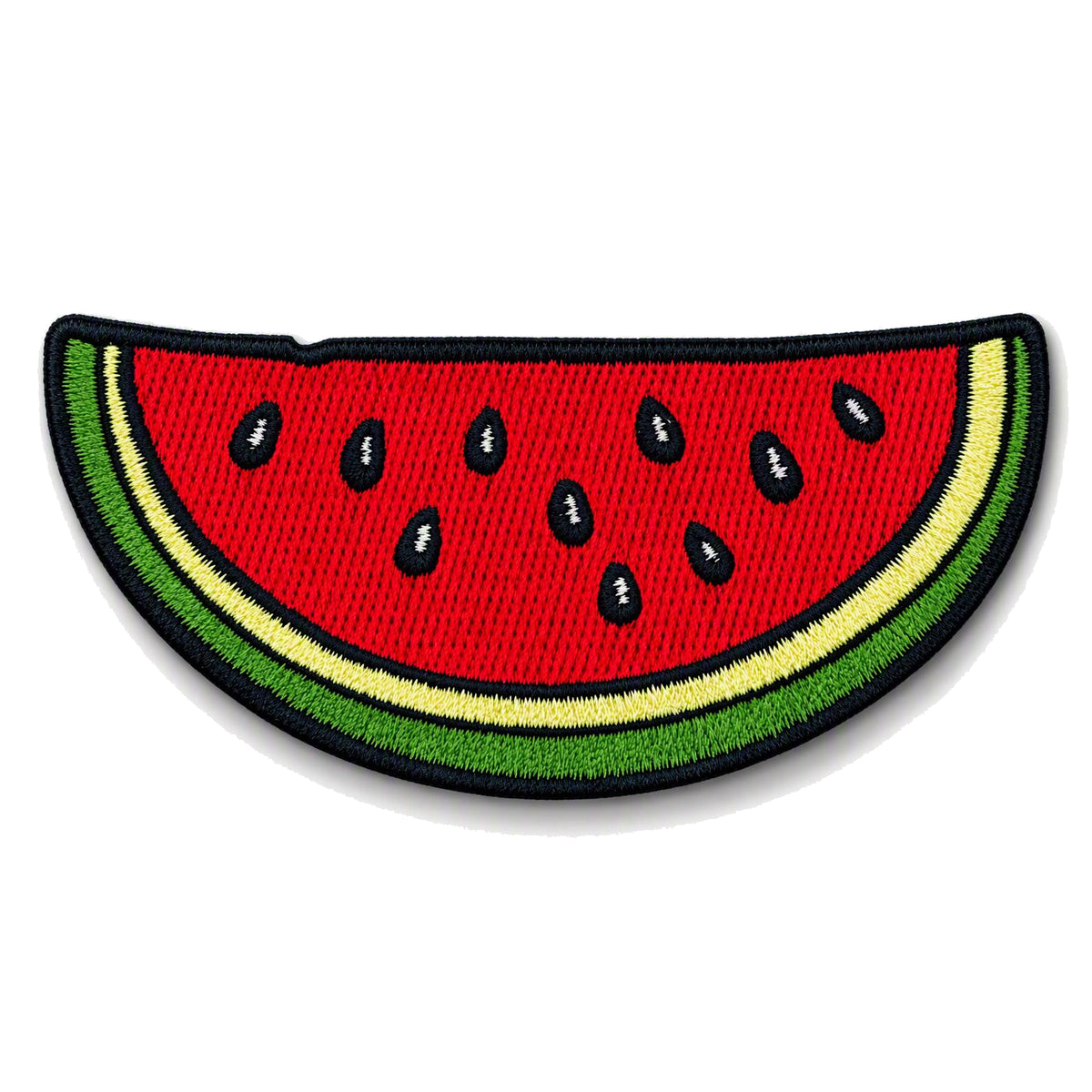 An embroidered watermelon slice patch with red flesh, black seeds, and green and yellow rind, shown on a plain white background.