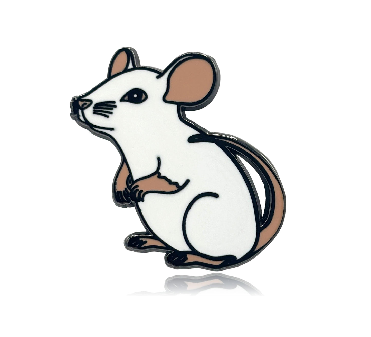 Enamel pin of a white mouse on a white background