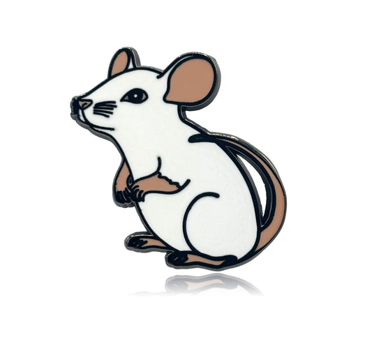 Enamel pin of a white mouse on a white background